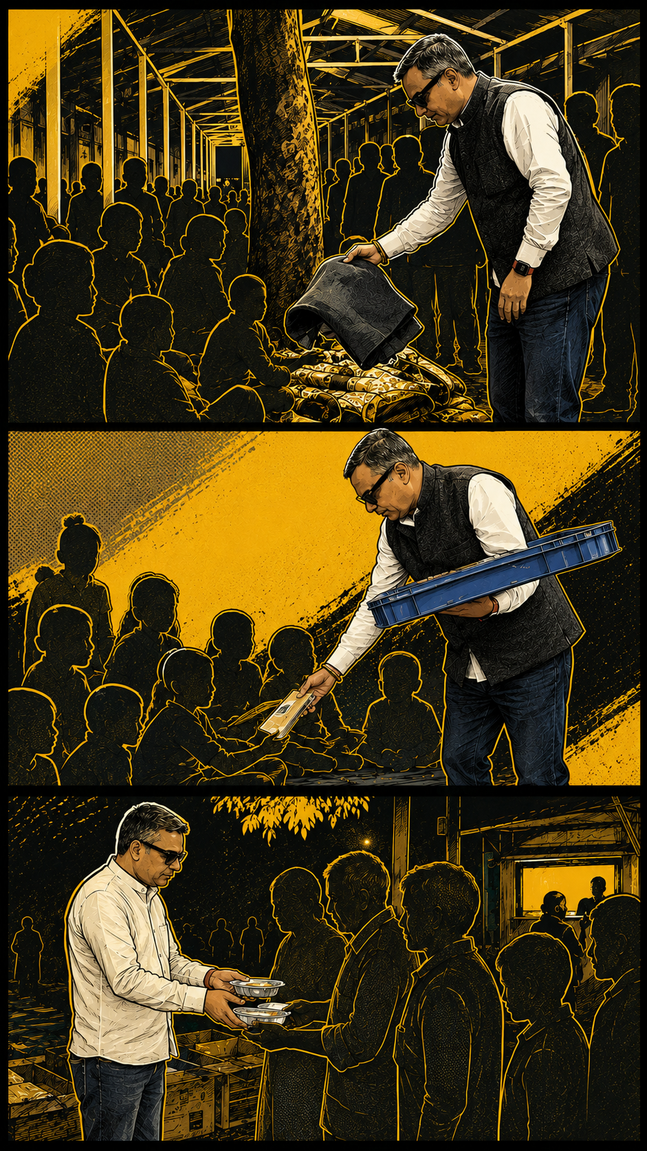 Comic strip illustrating Raj's work in the community